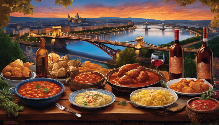 Ate a rustic wooden table with steaming bowls of goulash, chicken paprikash, stuffed cabbage, chimney cake, and a carafe of Tokaji wine, against a backdrop of Budapest's iconic Chain Bridge at twilight