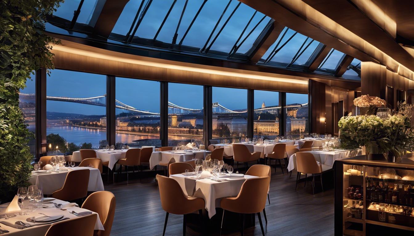 An image featuring a chic, modern Budapest restaurant interior, with stylish patrons dining on gourmet Hungarian cuisine, ambient lighting, and a view of the iconic Chain Bridge through large panoramic windows