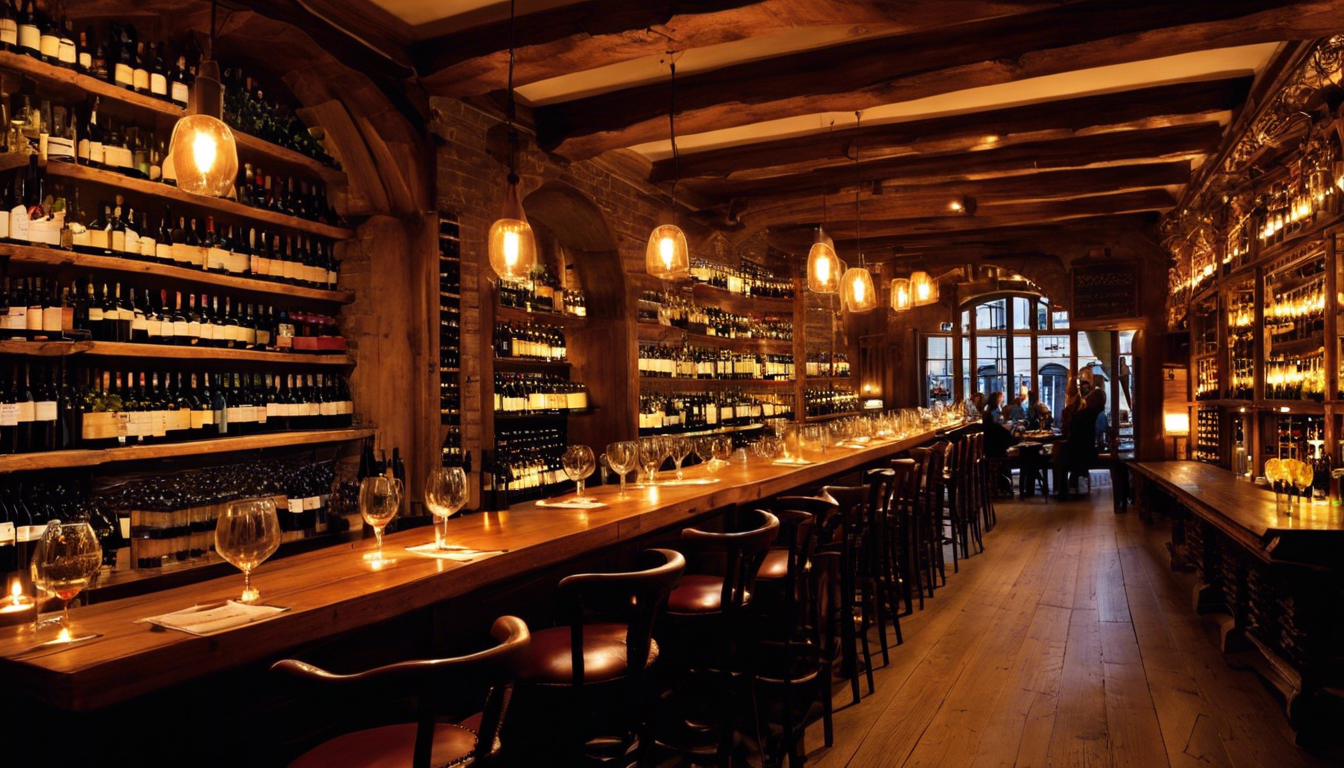  candlelit wine bar interior in Budapest with shelves of Hungarian wines, glasses on rustic wood tables, and patrons enjoying wine tastings amidst traditional Hungarian decor