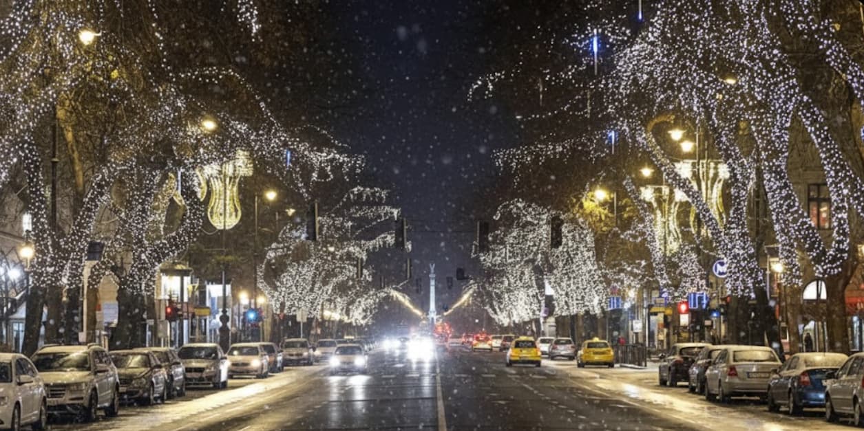 Andrássy Avenue illuminated with winter lights in Budapest