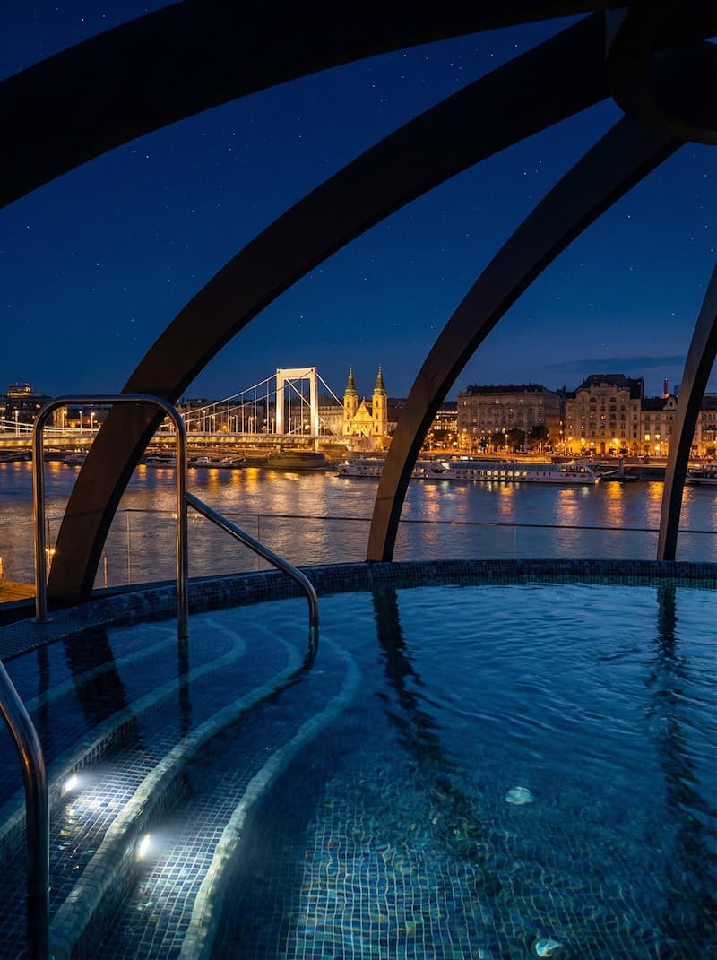 Rudas Bath rooftop pool at night with Elisabeth Bridge illuminated in the background